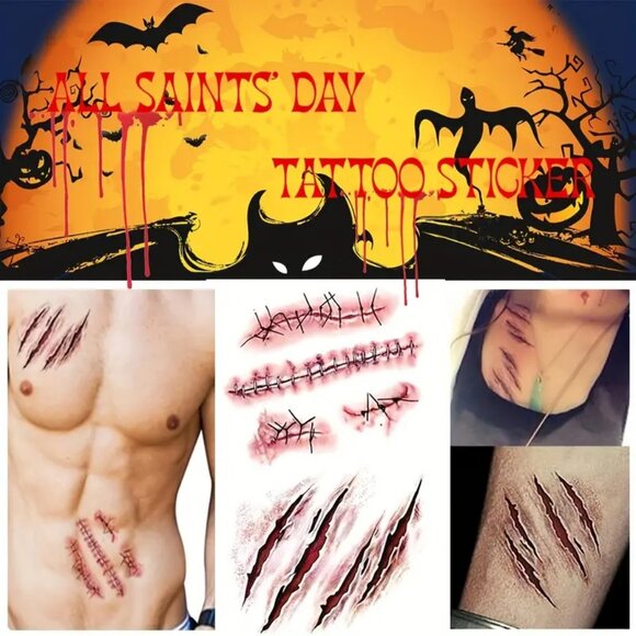 1 Sheets Halloween Temporary Tattoos - Realistic Wound, Scar, And Blood Hole - Picture 2 of 3